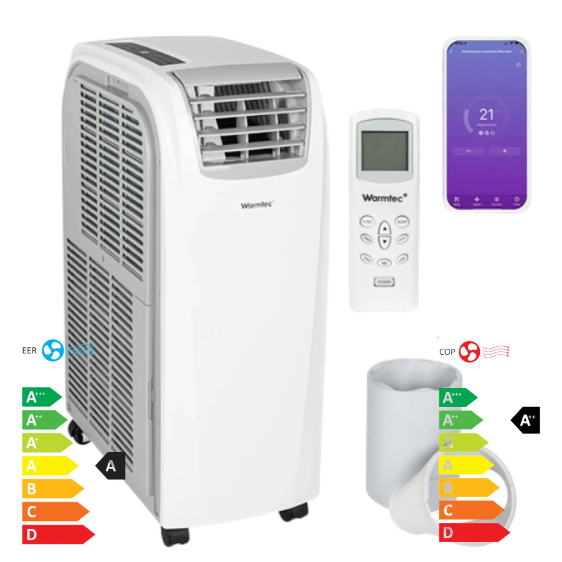 Warmtec Morso+ KP40W Tragbare Klimaanlage mit Wi-Fi, 4000W, für Räume bis zu 46 m², 4 Betriebsarten, A (Kühlung) / A++ (Heizung)